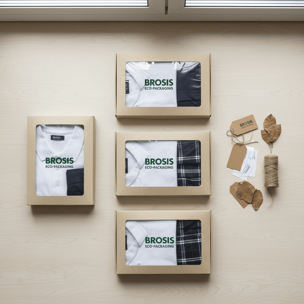 BROSIS school uniforms packaged sustainably with eco-friendly materials