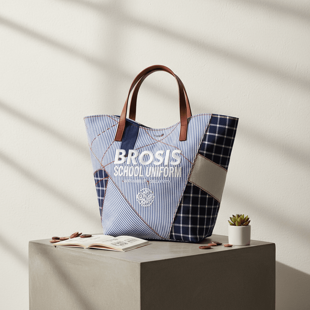 Repurposed school uniform transformed into a unique cultural product in a modern studio.