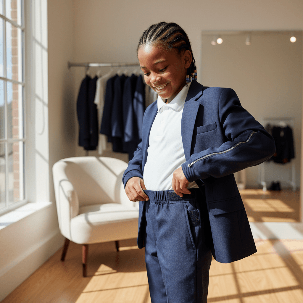 Student modeling growth-oriented BROSIS school uniform with adjustable features