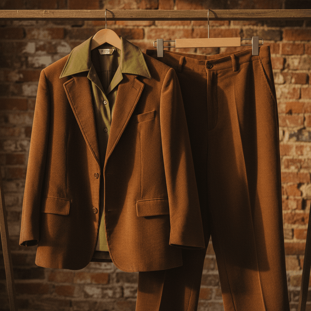 1970s school uniform with earthy tones on vintage wooden rack