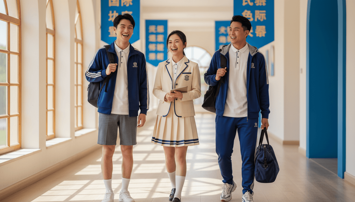 Students wearing sustainable BROSIS school uniforms in sporty and formal styles standing together in a bright school hallway