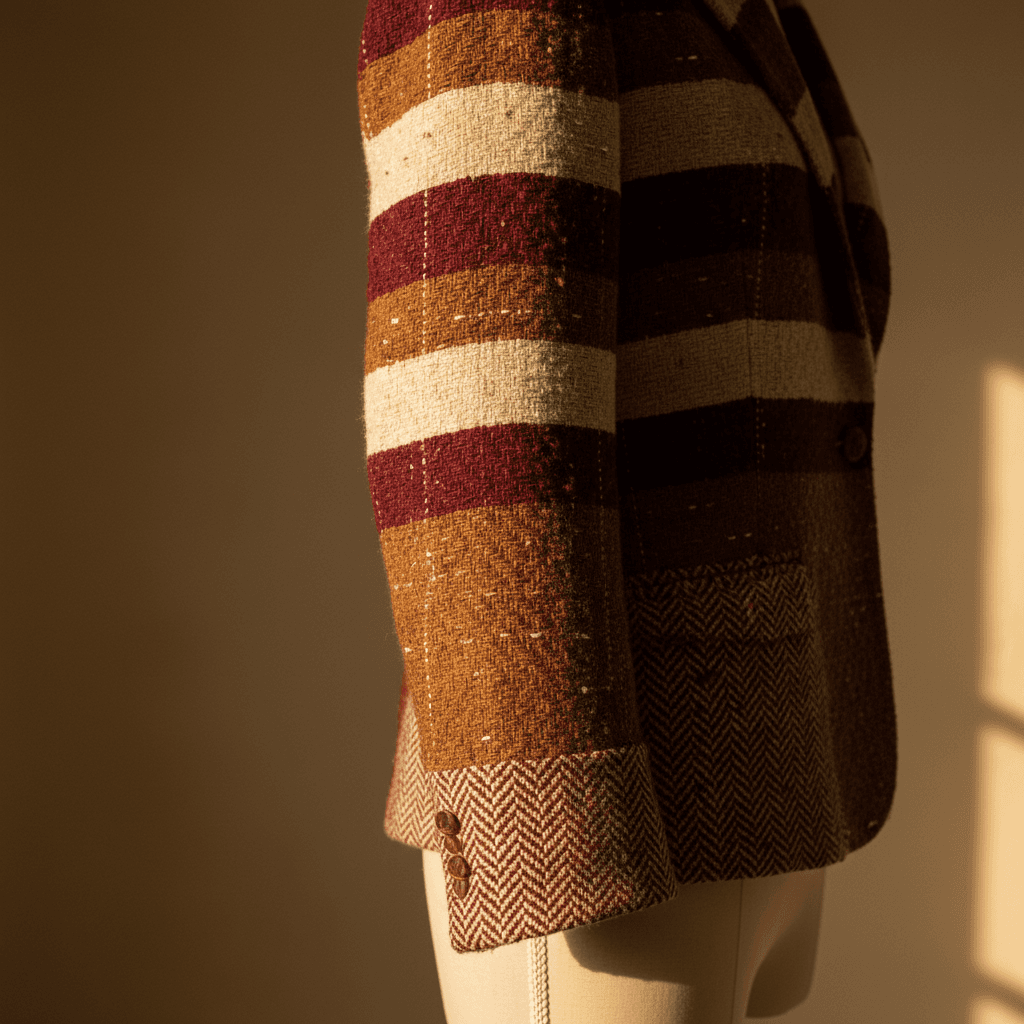 Close-up of 1970s striped blazer fabric showing quality weave