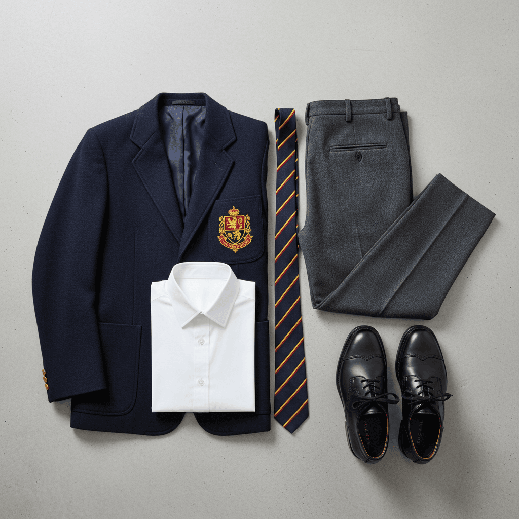 1960s British school uniform components arranged in flat lay