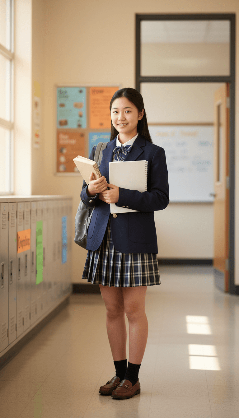 Confident diverse student standing in school hallway wearing academic attire and holding textbooks