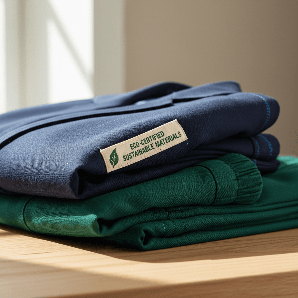 Close-up of folded sustainable school uniforms showing organic fabric textures, eco-labels, and reinforced seams under natural window light
