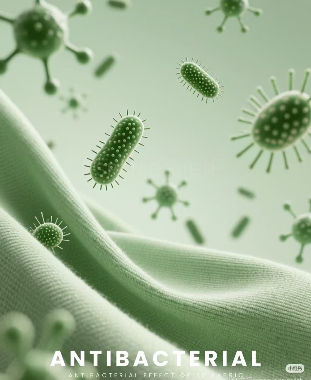 Green microscopic bacteria and viruses floating near light green folded fabric with antibacterial text.