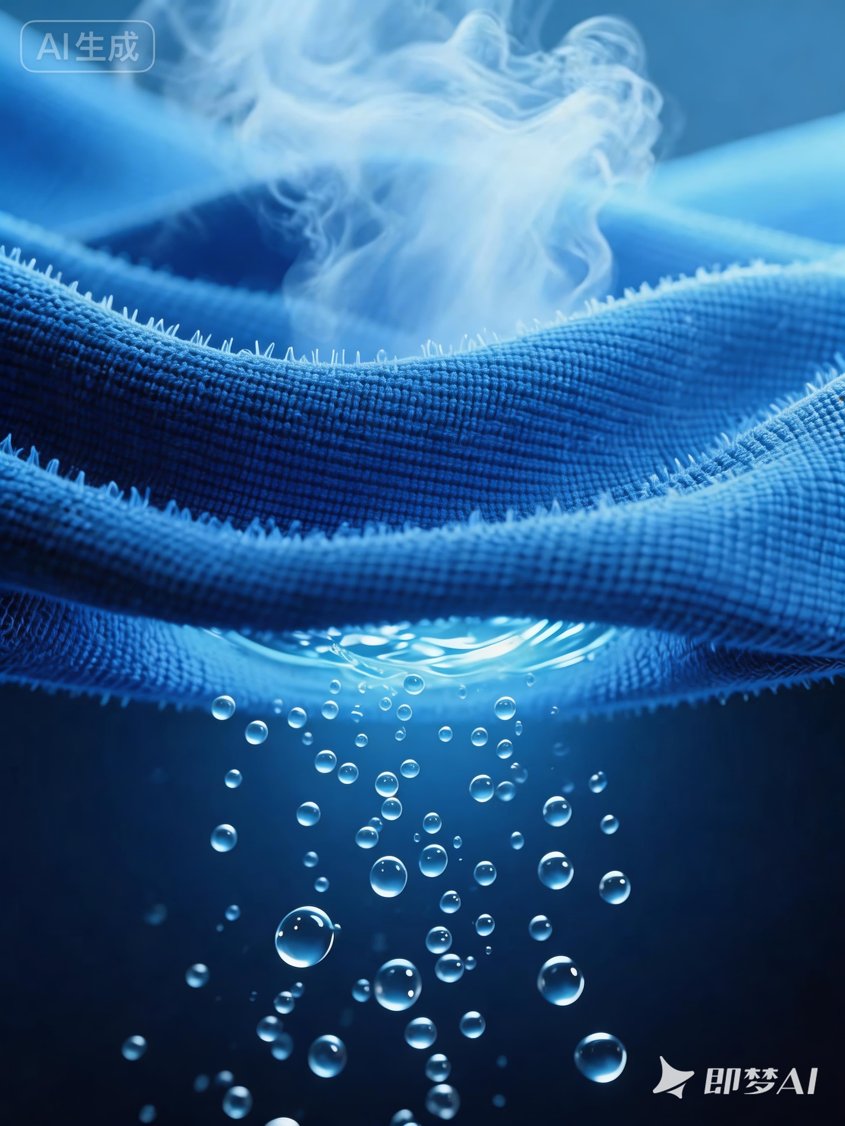 Steam rising from a blue textured fabric with water droplets falling from underneath.