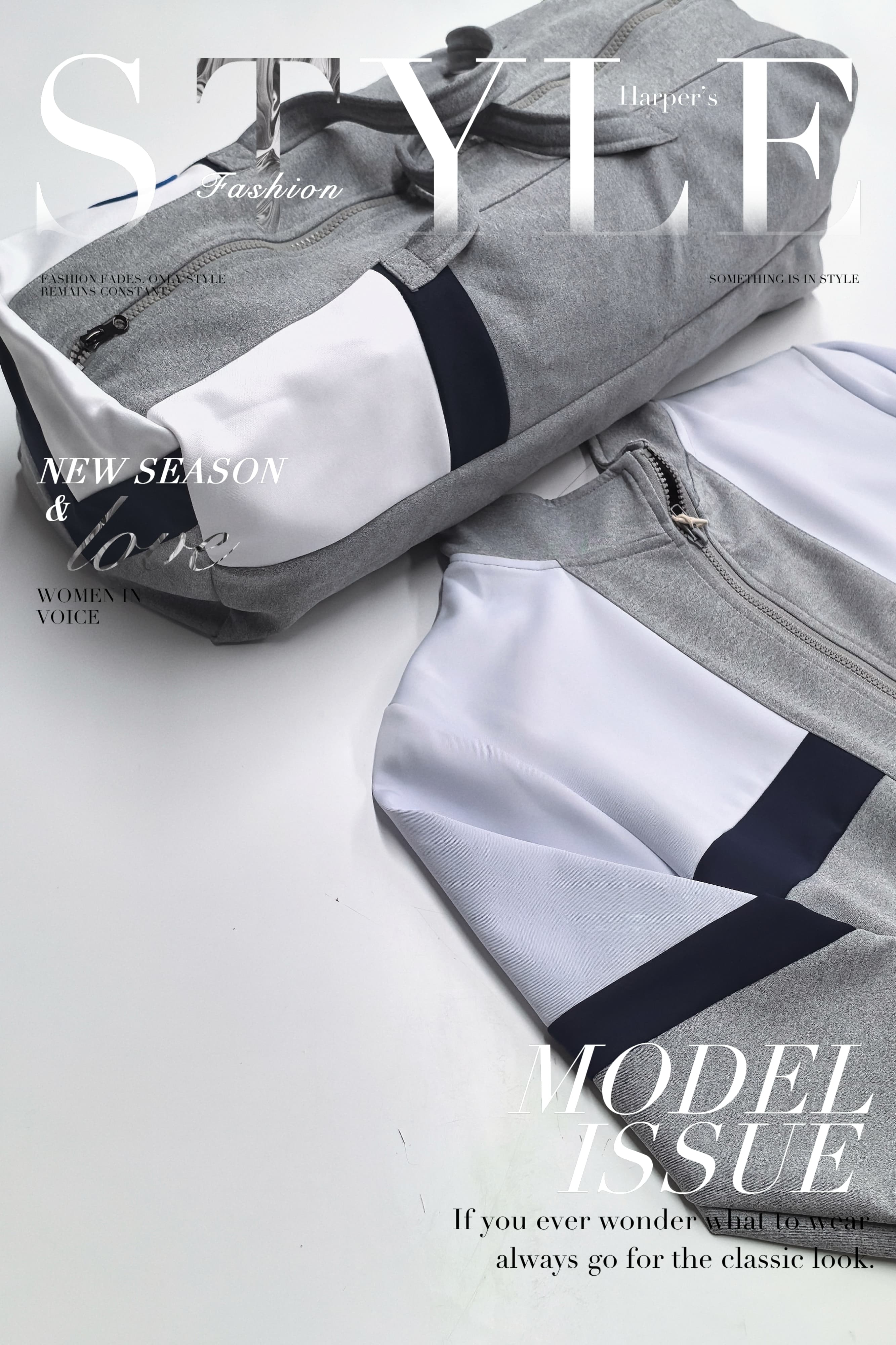 Grey, white, and navy duffel bag and jacket arranged as a Harper's Style magazine cover.