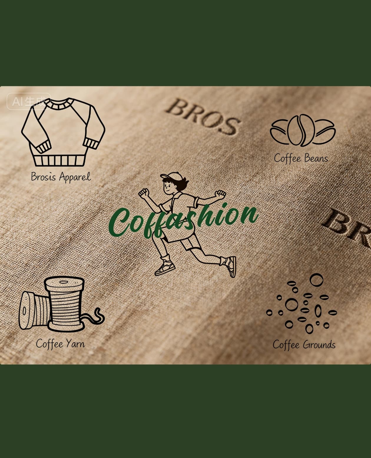 Coffashion graphic on textured fabric featuring coffee beans, grounds, yarn, and Brosis apparel icons.